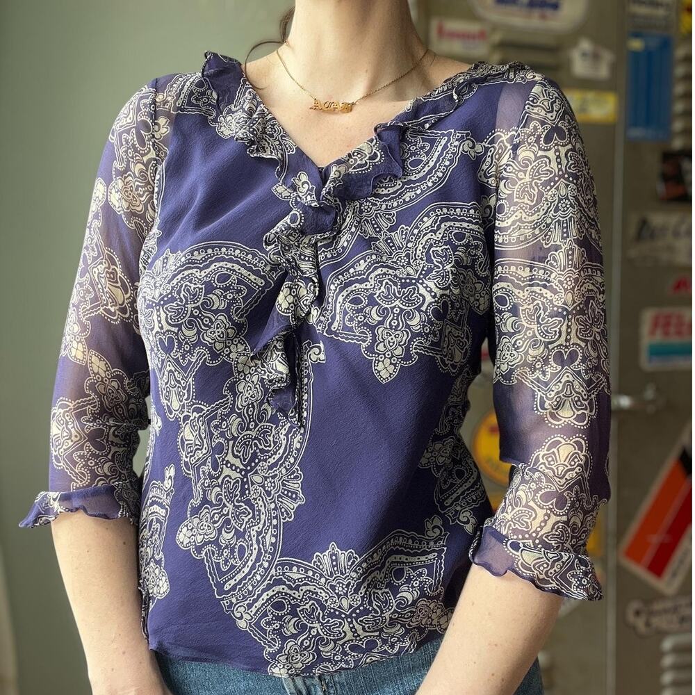Vintage Y2K Silk Sheer Blouse | Navy Paisley Ruffle Trim Top | Romantic | M